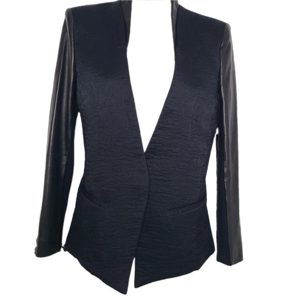 Helmut Lang  Blazer Jacket Black Textured Leather sleeves and collar sz 2